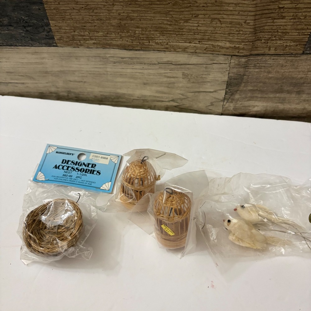Vintage Mangelsens Bird Nest Cages and Feathered Birds Miniature Set 5pc